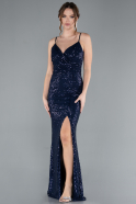 Navy Blue Straps Slit Long Sequined Evening Prom Dress ABU4780