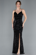 Black Straps Slit Long Sequined Evening Prom Dress ABU4780