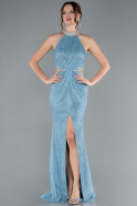 Light Blue Halter Neck Slit Long Glitter Mermaid Evening Gown ABU4766