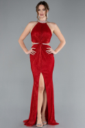 Red Halter Neck Slit Long Glitter Mermaid Evening Gown ABU4766