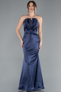 Navy Blue Strapless Long Satin Mermaid Evening Dress ABU4770