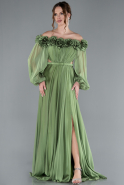 Olive Drab Floral Boat Neck Long Sleeve Chiffon Prom Gown ABU4130