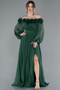 Emerald Green Floral Boat Neck Long Sleeve Chiffon Prom Gown ABU4130