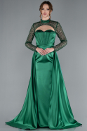 Emerald Green Long Sleeve Bustier Detailed Sequin Train Satin Evening Gown ABU4765