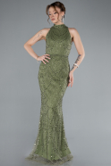Olive Drab Halter Neck Long Beaded Mermaid Evening Gown ABU4791