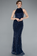 Navy Blue Halter Neck Long Beaded Mermaid Evening Gown ABU4791