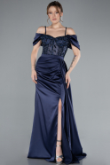 Navy Blue Glittery Underwire Slit Long Satin Evening Gown ABU4801