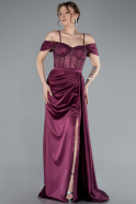 Cherry Colored Glittery Underwire Slit Long Satin Evening Gown ABU4801