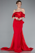 Red Satin Boat Neck Tail Long Mermaid Evening Dress ABU4797