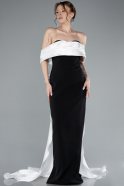 Black-White Satin Boat Neck Tail Long Mermaid Evening Dress ABU4797
