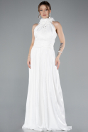 White Halter Neck Long Chiffon Evening Dress ABU4811