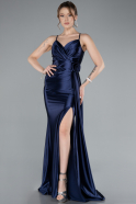 Navy Blue Back And Leg Cleavage Long Satin Prom Gown ABU4814