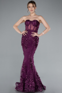 Plum Strapless Three Dimensional Floral Long Mermaid Evening Gown ABU5803