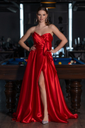 Red Strapless High Slit Long Satin Graduation Prom Dress ABU4774
