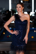 Navy Blue Feathered One Shoulder Short Scaly Evening Dress ABK2256