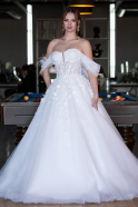 White Boat Neck Floral Embroidered Princess Wedding Dress ABG101