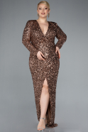 Copper Long Sleeve V Neck Scaly Plus Size Evening Gown ABU4764