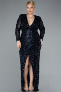 Navy Blue Long Sleeve V Neck Scaly Plus Size Evening Gown ABU4764