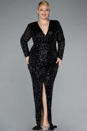 Black Long Sleeve V Neck Scaly Plus Size Evening Gown ABU4764