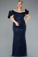 Long Navy Blue Beaded Plus Size Engagement Dress ABU4788