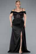 Black Glittery Underwire Slit Long Satin Plus Size Evening Gown ABU4803