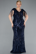 Navy Blue Short Sleeve V Neck Long Sequin Plus Size Evening Gown ABU4821
