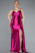 Fuchsia Back And Leg Cleavage Long Satin Plus Size Prom Gown ABU4815