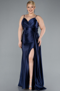 Navy Blue Back And Leg Cleavage Long Satin Plus Size Prom Gown ABU4815