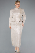 Beige Long Sleeve Stand Collar Midi Beaded Plus Size Evening Gown ABK2294