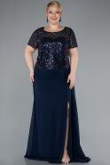 Navy Blue Short Sleeve Beaded Slit Long Plus Size Chiffon Evening Gown ABU4806