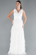 White V Neck Layered Tulle Long Prom Dress ABU4723