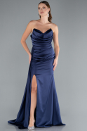Navy Blue Strapless Side Slit Satin Evening Gown ABU4841