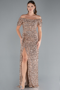 Gold Boat Neck Slit Long Sequin Evening Gown ABU4843