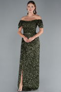 Olive Drab Boat Neck Slit Long Sequin Evening Gown ABU4843