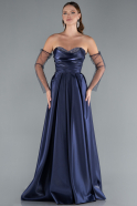 Navy Blue Stoned Strapless Sleeve Accessory Long Taffeta Evening Dress ABU4846