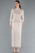 Beige Long Sleeve Stand Collar Midi Beaded Evening Gown ABK2346