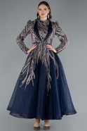Midi Navy Blue Beaded Plus Size Engagement Dress ABK2332