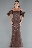 Brown Stoned Strapless Sleeve Accessories Long Mermaid Evening Gown ABU4509