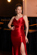 Red Back And Leg Cleavage Long Satin Prom Gown ABU4814
