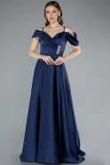 Navy Blue Satin Off Shoulder Long Satin Evening Gown ABU4868