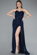Navy Blue Strapless Beaded Slit Long Evening Gown ABU4871