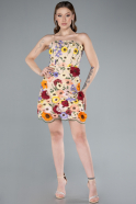 Beige Strapless Multicolor 3D Floral Embroidered Mini Dress ABK2326
