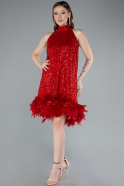 Red Halter Neck Feathered Skirt Sequined Party Dress ABK2348