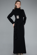 Black Long Sleeve Stand Collar Hijab Evening Dress ABU4879