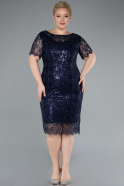 Navy Blue Short Sleeve Beaded Midi Evening Gown ABK2330