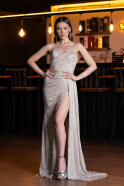 Beige Strapless Beaded Slit Long Evening Gown ABU4871
