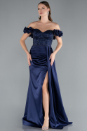 Long Navy Blue Satin Evening Dress ABU4895