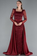 Burgundy Long Sleeve Stone Embellished Satin Train Evening Dress ABU4603