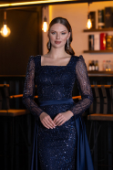 Navy Blue Long Sleeve Square Neckline Beaded Portable Tails Evening Gown ABU4603
