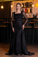 Black Long Sleeve Square Neckline Beaded Portable Tails Evening Gown ABU4603